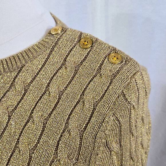 Lauren Ralph Lauren Gold Metallic Cable Knit Button Trim Sweater Old Money - Picture 4 of 7